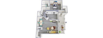 A 3D floor plan of a house showing a living room, kitchen, dining room, and bedrooms.