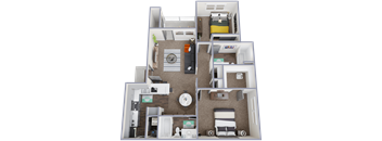 A 3D rendered image of a compact apartment layout.