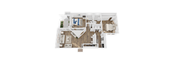 A top-down view of a house layout with a kitchen, living room, and bedrooms.