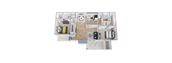 A 3D floor plan of a house with a living room, kitchen, and two bedrooms.