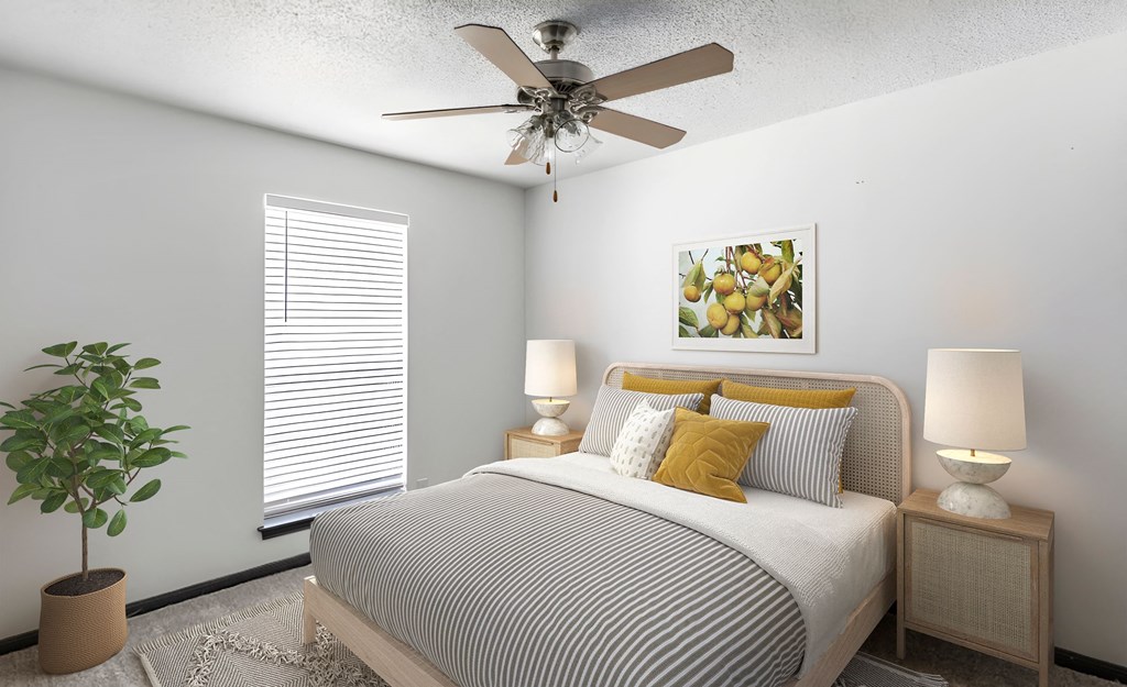 a bedroom with a ceiling fan and a window with a blind at Tradewinds, Windcrest, Texas
