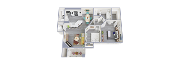 A 3D floor plan of a house with a kitchen, living room, dining room, and bedrooms.