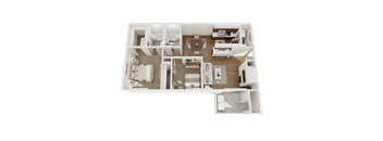 A detailed 3D floor plan of a modern apartment layout.