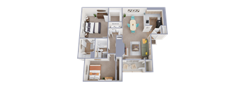 A 3D floor plan of a house with multiple rooms and furniture.