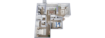 A 3D floor plan of a house with multiple rooms and furniture.
