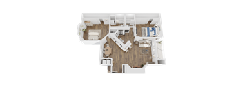 A top-down view of a house layout with a living room, kitchen, and two bedrooms.