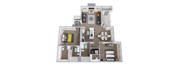 A 3D rendered image of a house layout with multiple rooms.