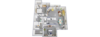 A 3D floor plan of a house with multiple rooms and furniture.