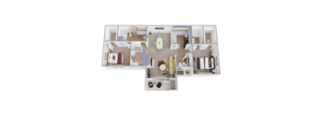 A 3D floor plan of a house with a kitchen, living room, and two bedrooms.