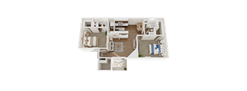 A 3D floor plan of a house with multiple rooms and furniture.