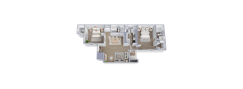 A 3D floor plan of a house with two bedrooms, a living room, a kitchen, and a bathroom.