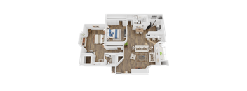A top-down view of a house interior with a living room, kitchen, and bedrooms.