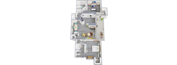 A 3D floor plan of a house showing a living room, kitchen, dining area, and bedrooms.