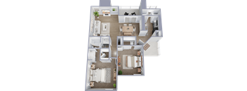 A top-down view of a house floor plan with multiple rooms and furniture.