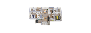 A 3D floor plan of a house with a kitchen, living room, dining room, and bedrooms.