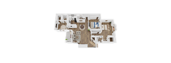 A 3D floor plan of a house with a kitchen, living room, and bedrooms.