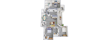 A 3D floor plan of a house with two bedrooms, a living room, a kitchen, and a bathroom.