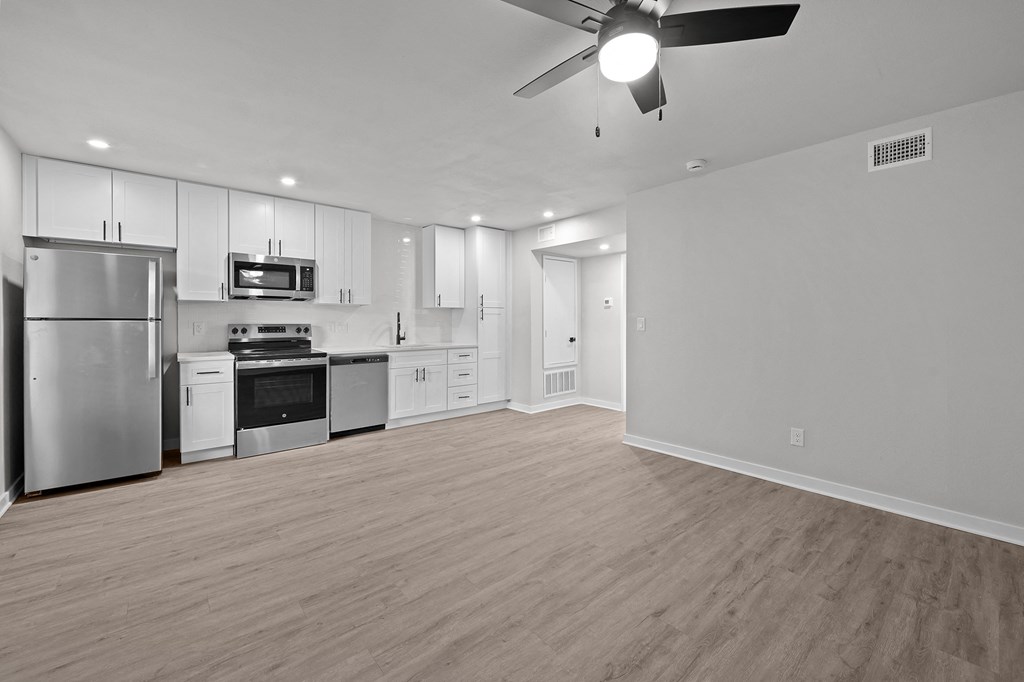 Photo of renovated kitchen with brand new stainless steel appliances at Sunset Heights, San Antonio, TX, 78209