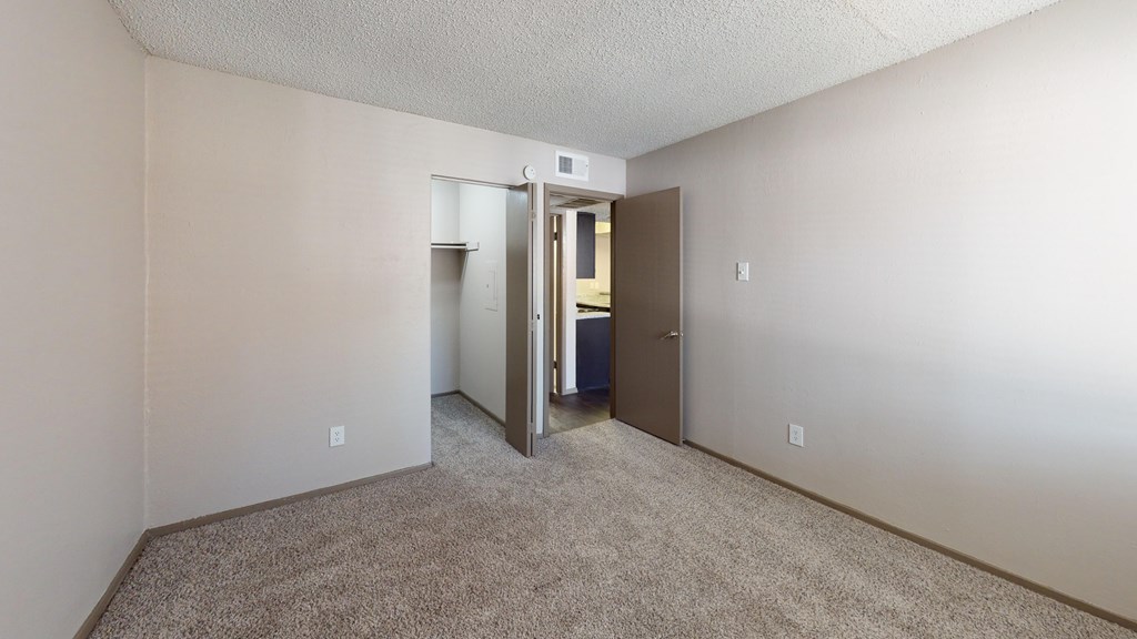 A room with a carpeted floor and a brown door.