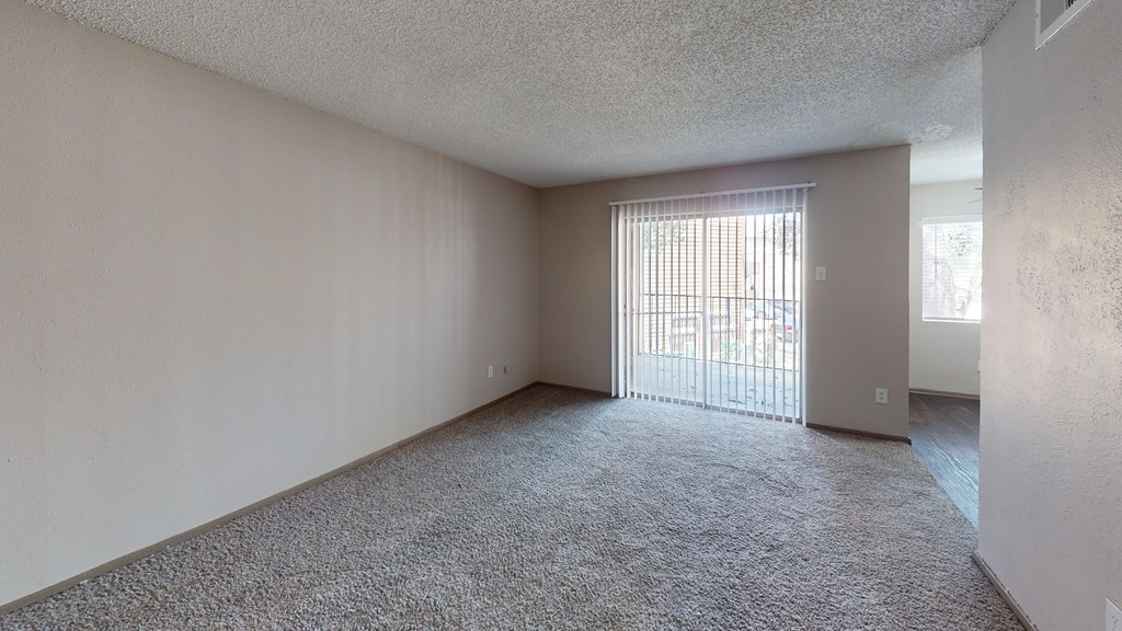 A room with a carpeted floor and a sliding glass door.