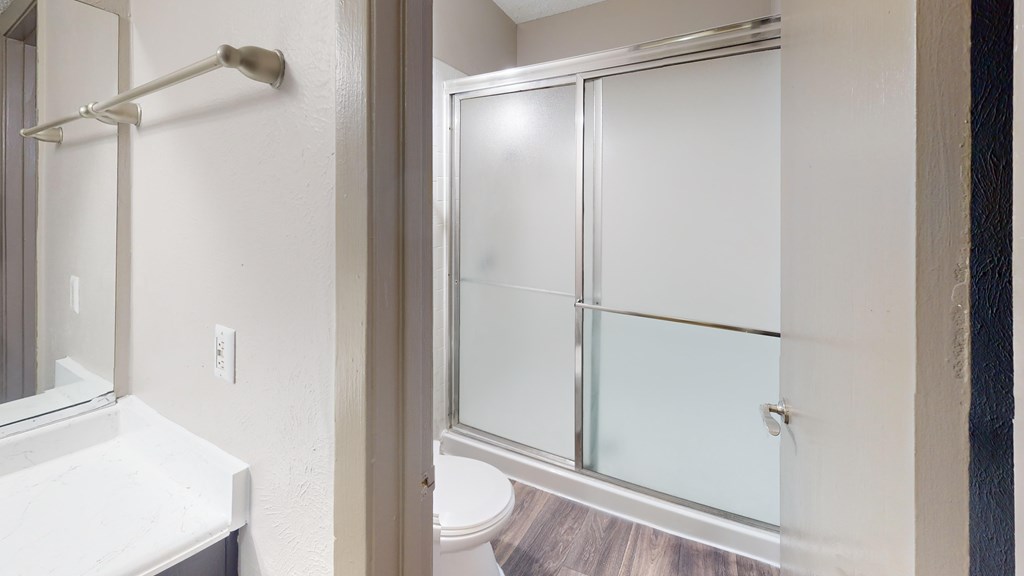 A bathroom with a white sink and a glass shower door.