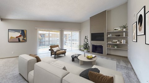 A living room with a white couch and a television.