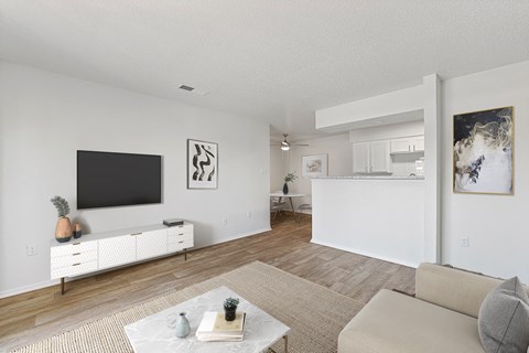 the living room and kitchen of an apartment with a tv