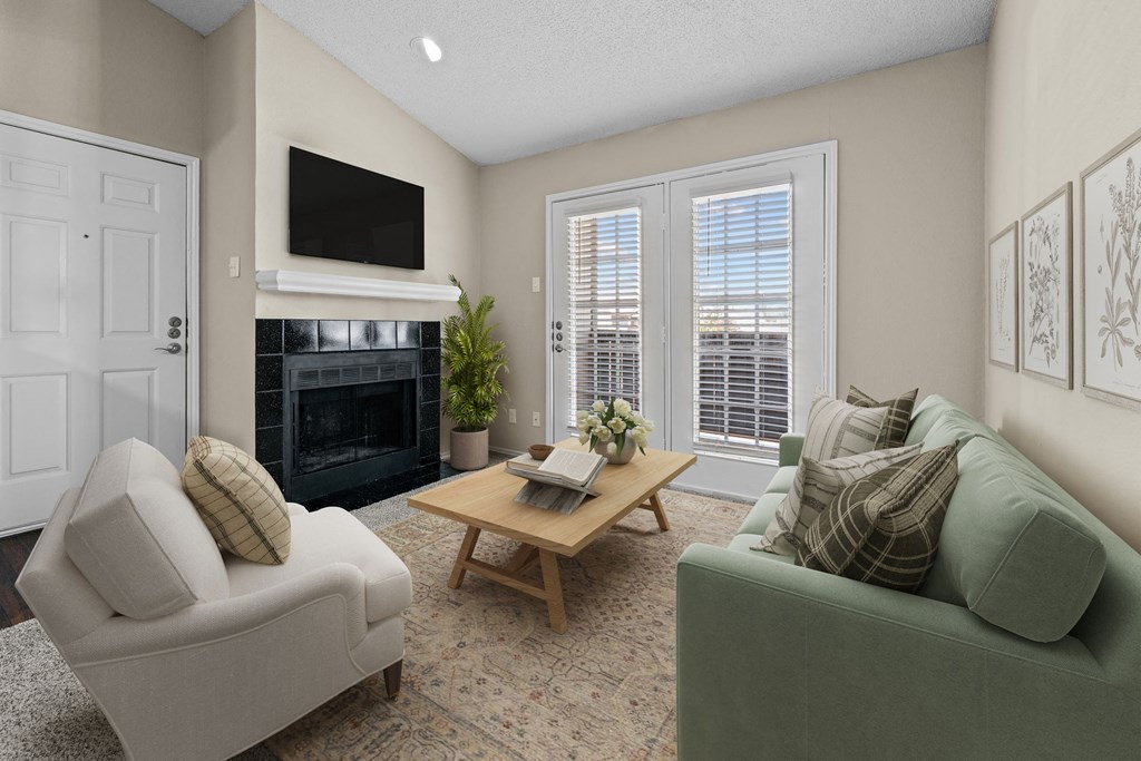 Living Room With Fireplace And TV at Preston Bend, Dallas, TX