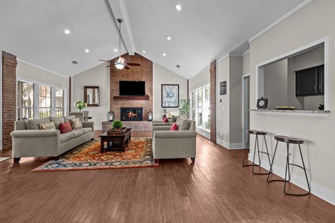 A living room with a fireplace and a television.