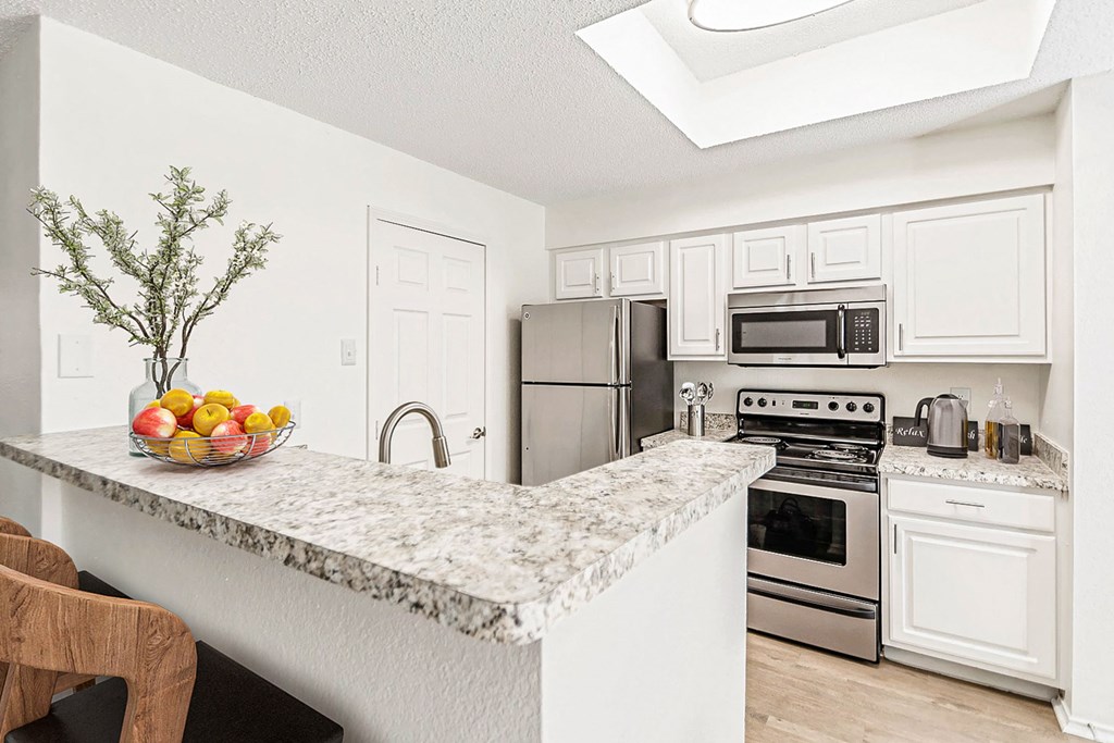 a kitchen with stainless steel appliances and a granite counter top