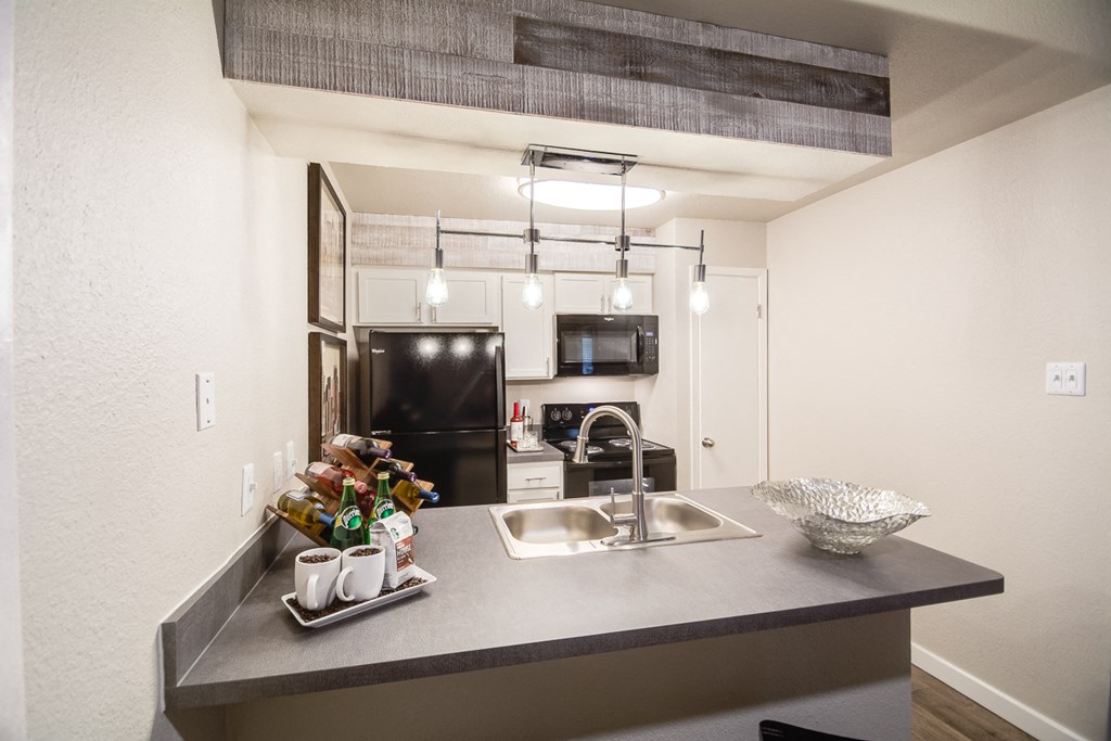 a kitchen with a sink and a counter top and a refrigerator