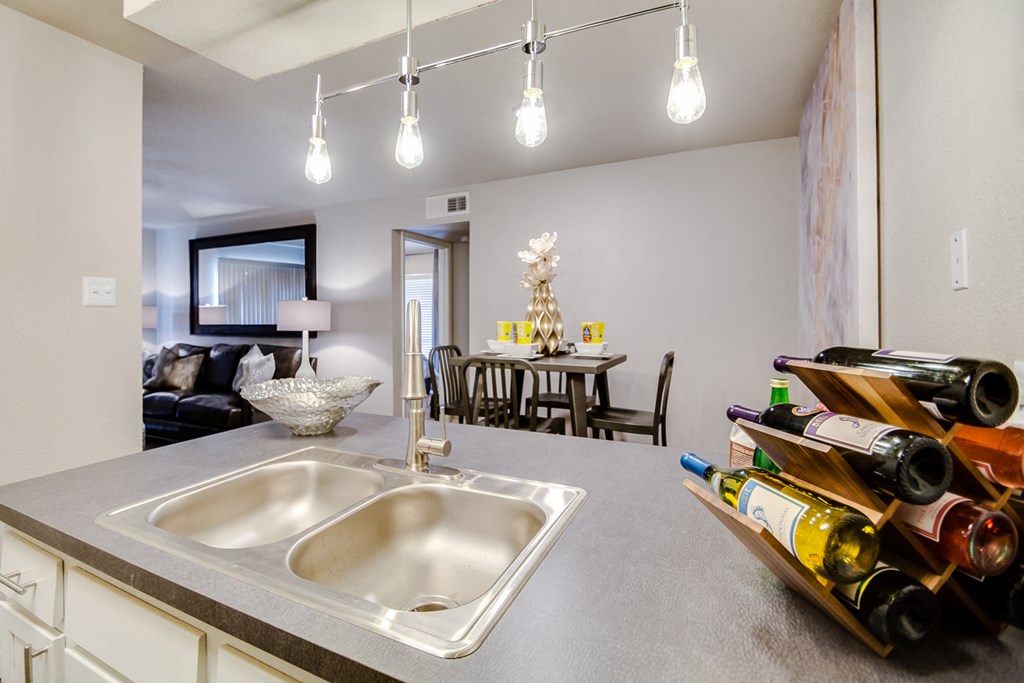 our kitchen and living room are equipped with stainless steel appliances and a large sink