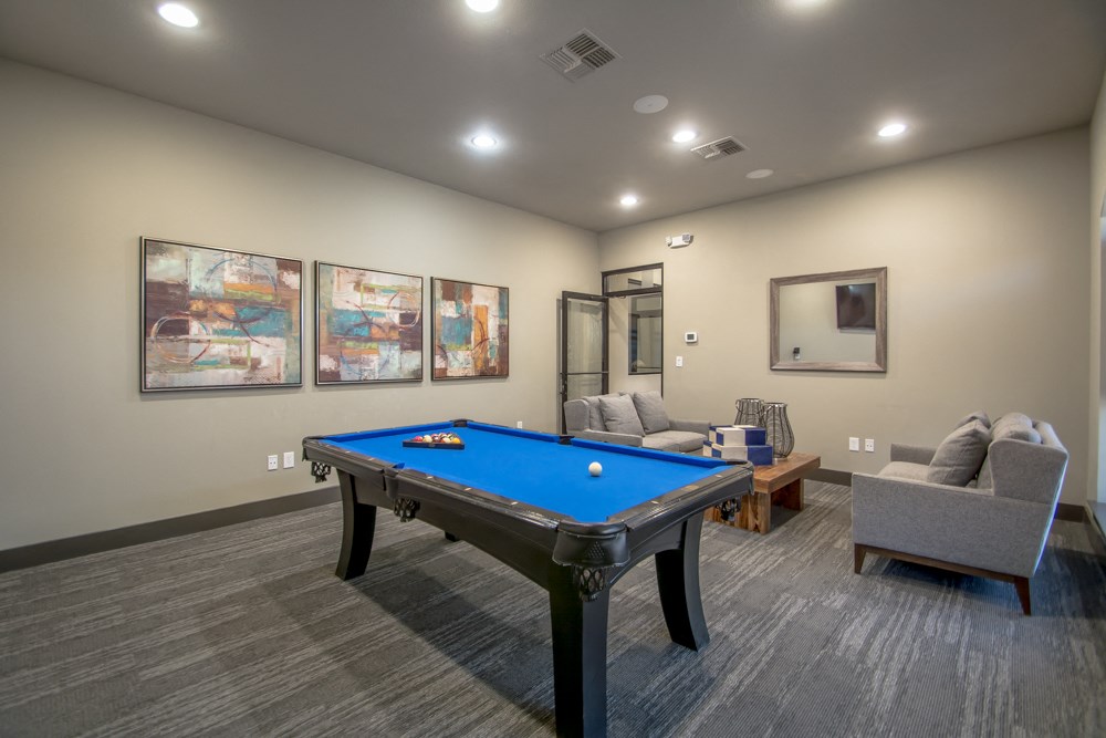 a games room with a pool table and couches