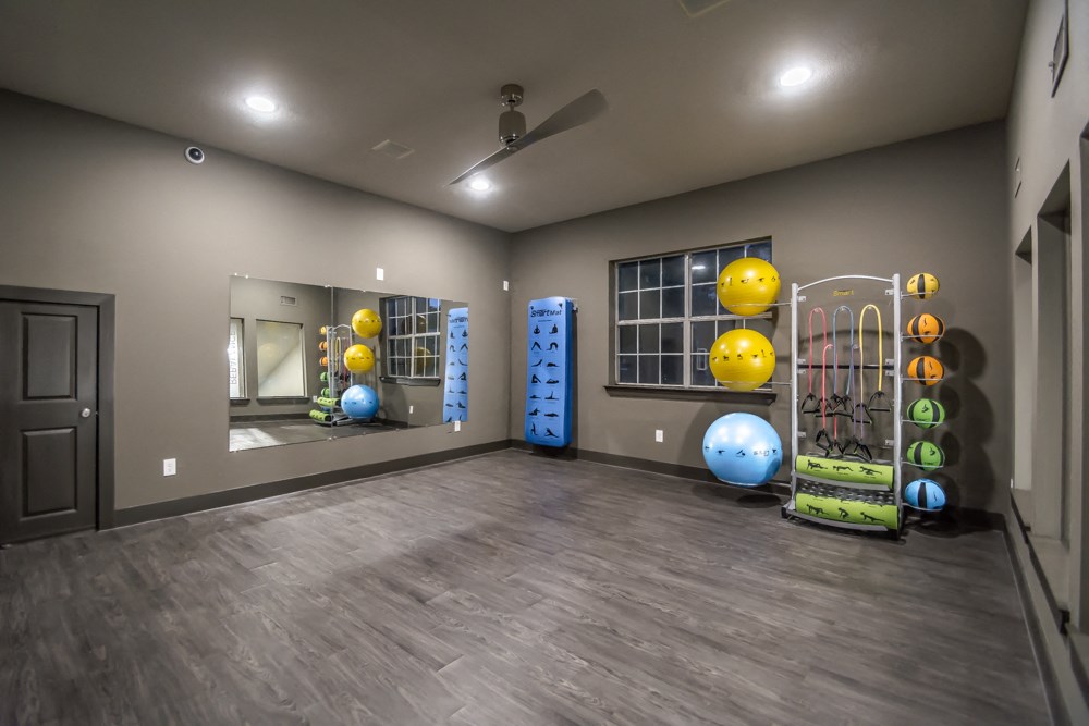 a gym with a window and colorful balls and equipment on the floor