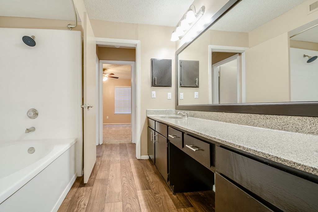 the preserve at ballantyne commons apartment bathroom with tub and sink and mirror