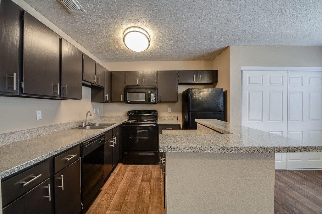 redesigned kitchen with granite countertops and black appliances at the preserve at polk apartments