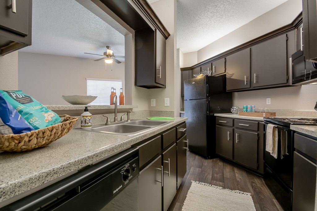 A kitchen with black appliances and cabinets.
