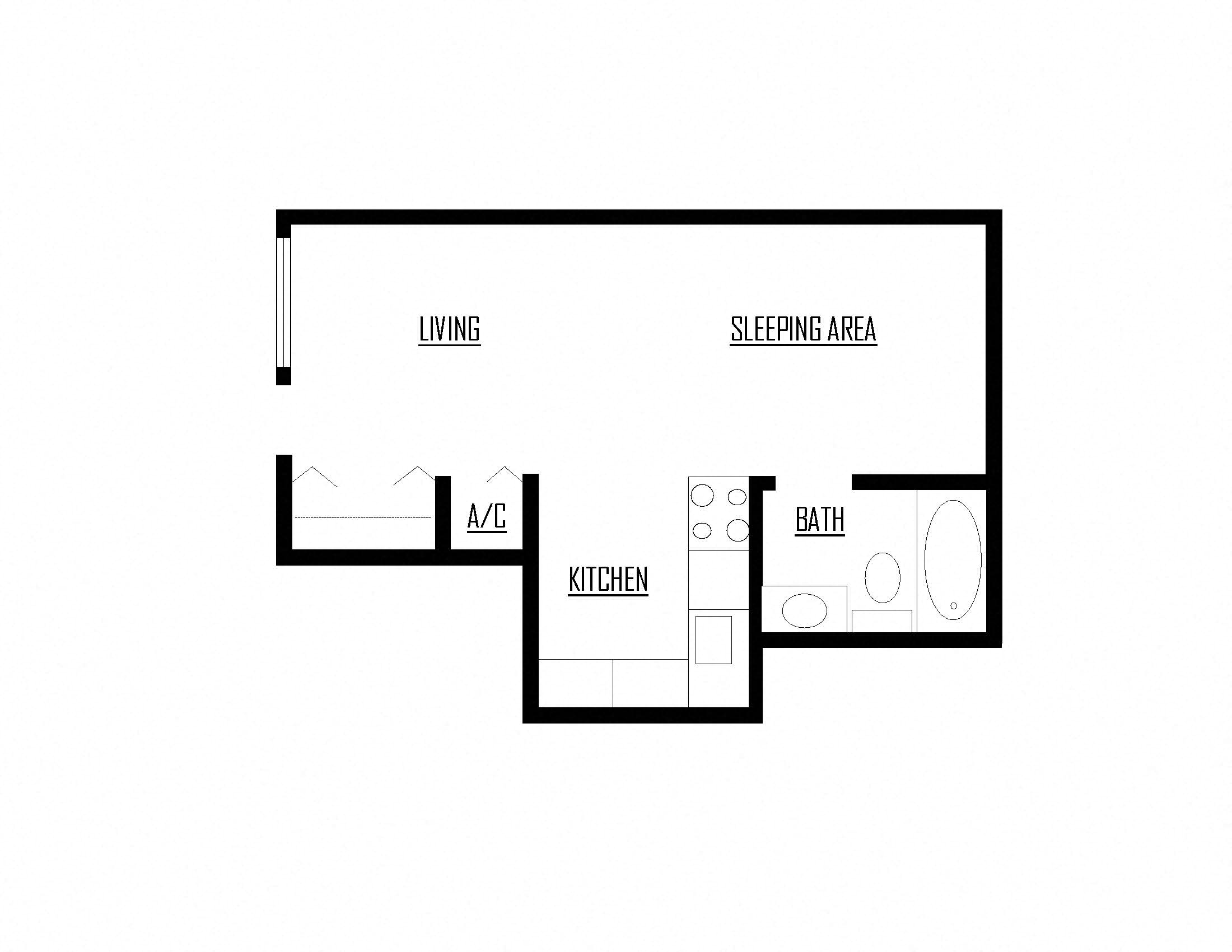 E1 | Studio / 1 Bath | 408 Sq Ft