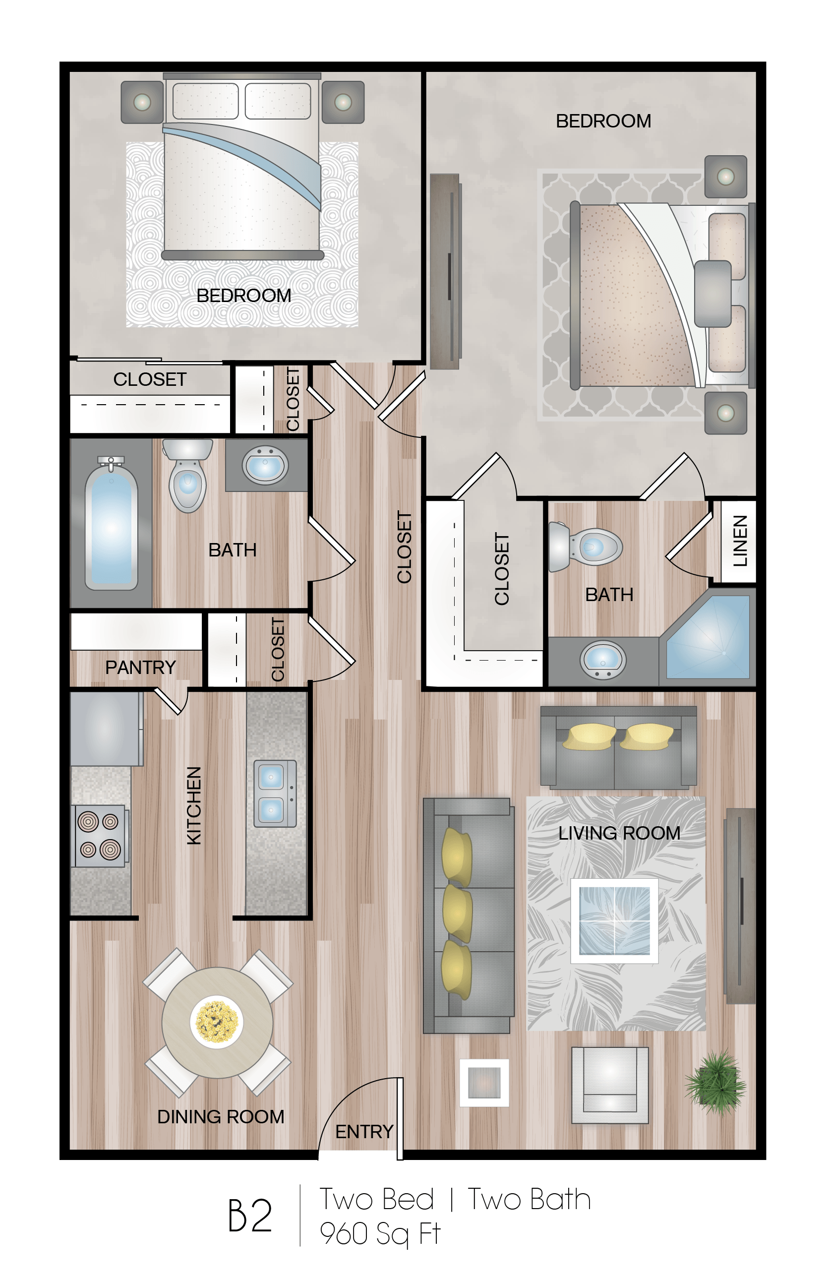 a floor plan of two bedrooms with a bathroom and a living room