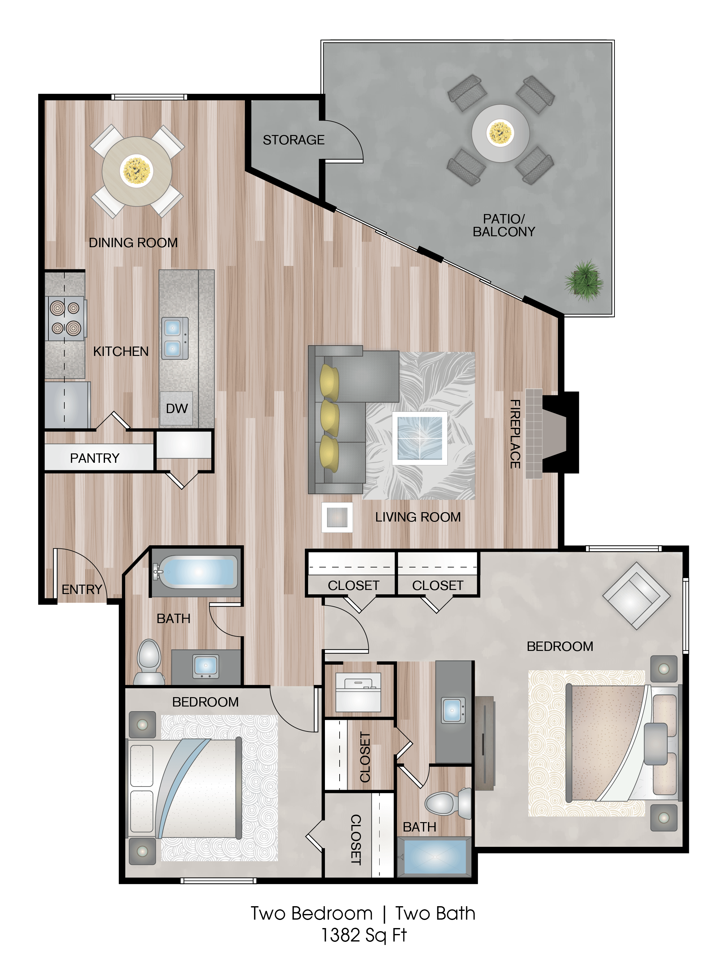 a floor plan of an apartments with two bedrooms and a living room