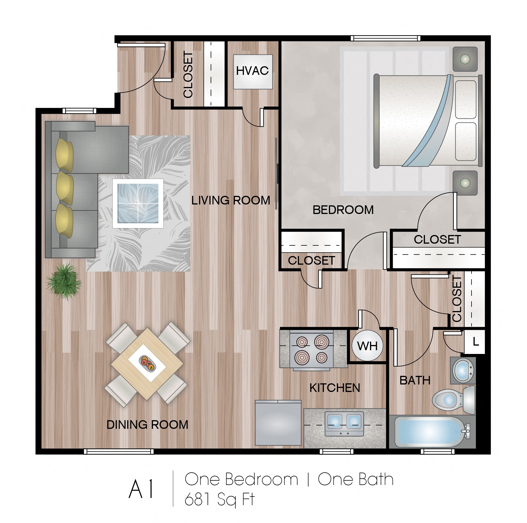 A1 | 1 Bed / 1 Bath | 681 Sq Ft  at Sunset Heights, Texas