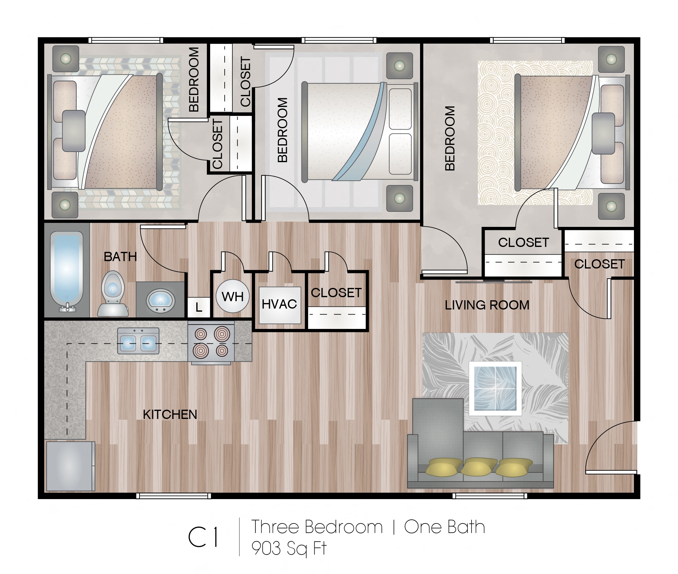 C1 | 3 Bed / 1 Bath | 903 Sq Ft  at Sunset Heights, San Antonio, 78209