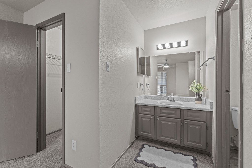A bathroom with a sink, mirror, and a rug on the floor.at Rock 35, Round Rock, 78681