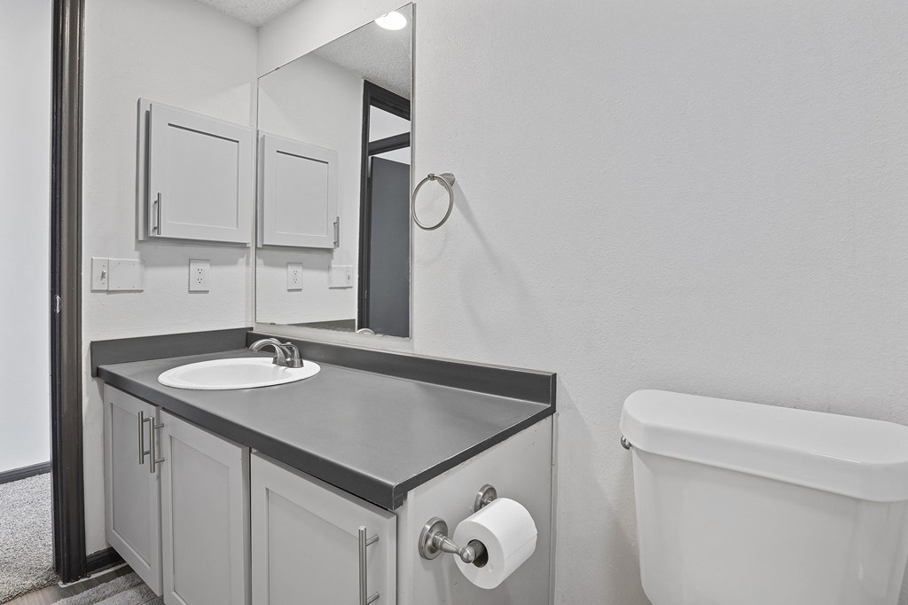 a bathroom with a sink and a toilet and a mirror at Tradewinds, Windcrest, Texas