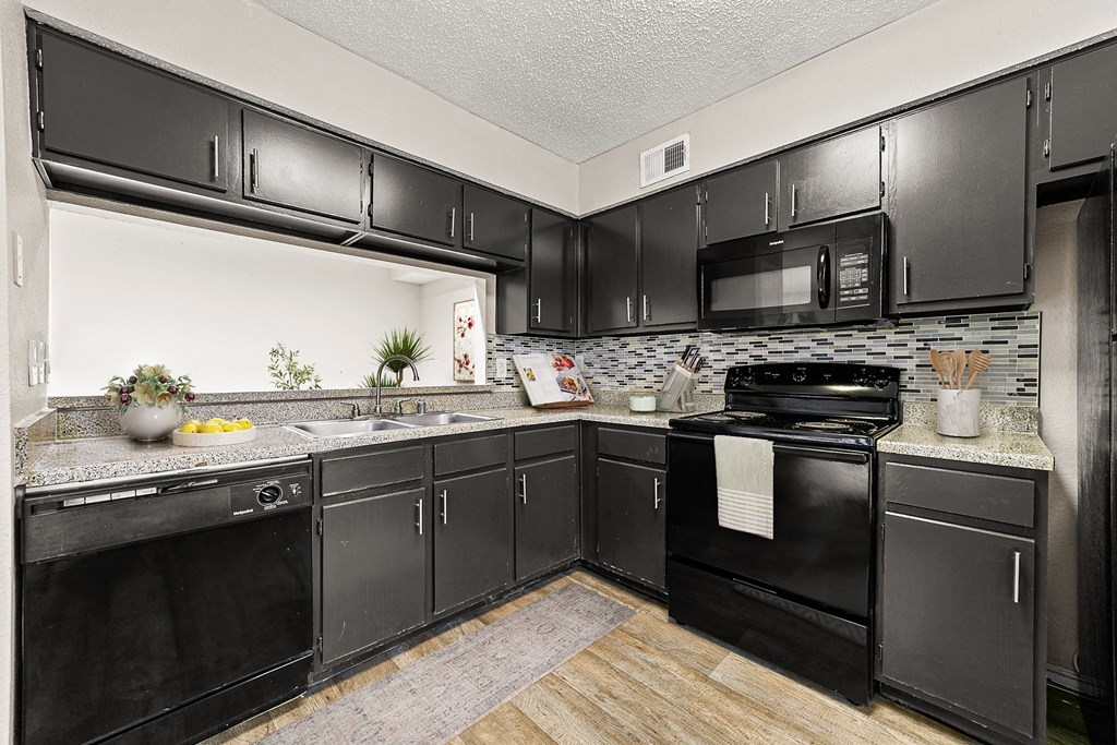 our apartments offer a modern kitchen with black cabinets and stainless steel appliances