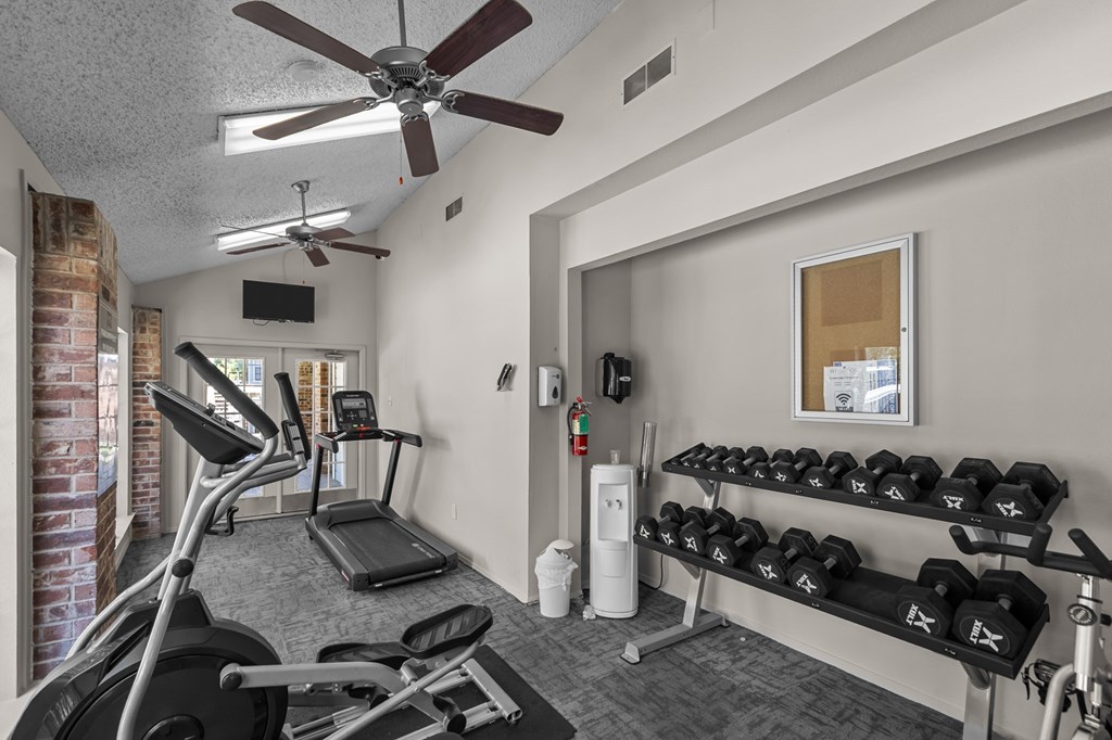 A gym with a treadmill, elliptical machines, and dumbbells.