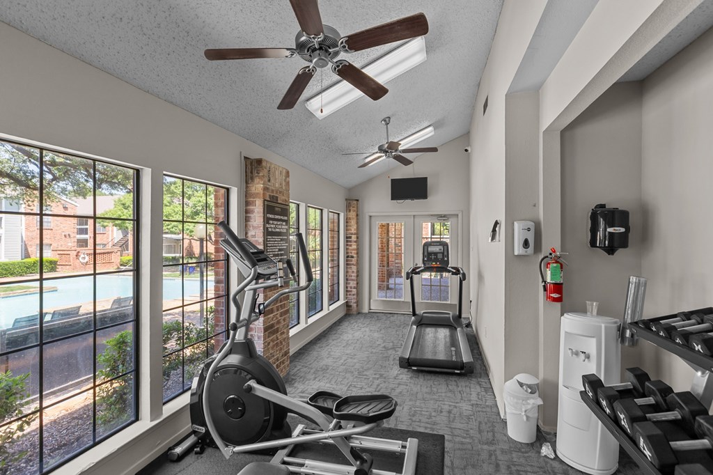 A gym with a treadmill, exercise bike, and weights.