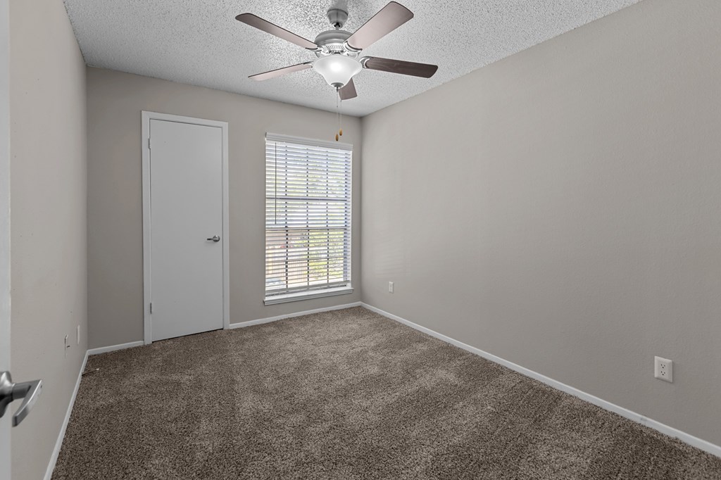 A room with a ceiling fan and carpeted floor.