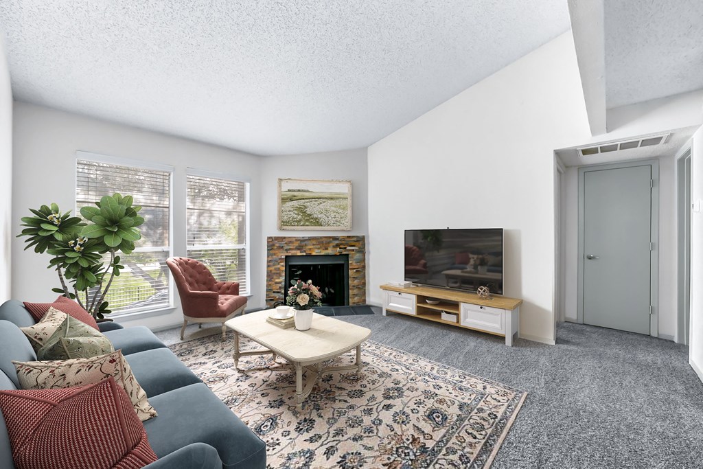 our apartments offer a living room with a fireplace  at Vesper, Dallas, TX, 75254