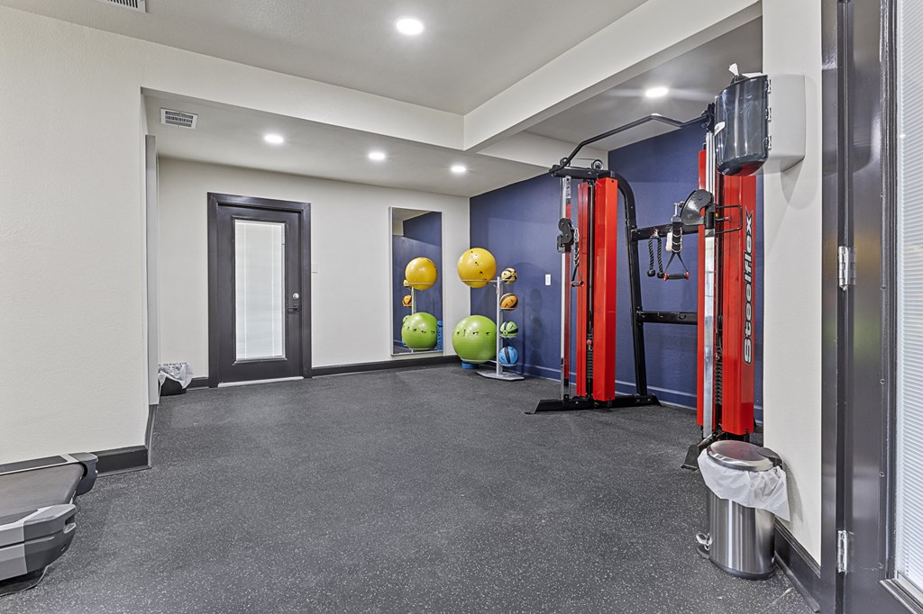A gym with a variety of equipment including a squat rack, a bench, and a ball. at Tradewinds, Texas, 78239